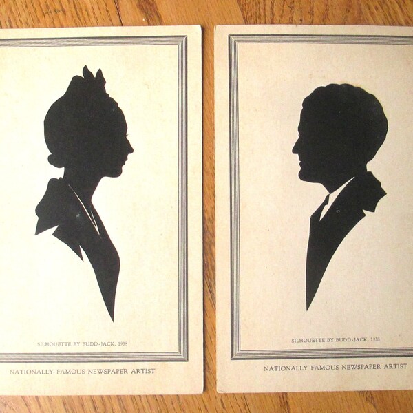 Silhouettes by Budd Jack, 1938 of one man and one woman on heavy cardstock by a Nationally Famous Newspaper Artist