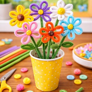 Op de afbeelding: Een kleurrijk boeket handgemaakte pijpenragerbloemen in een gele beker met stippen. De bloemen zijn in verschillende kleuren, waaronder geel, paars, wit, roze, oranje en blauw. Knutselspullen zoals knopen en scharen liggen verspreid.