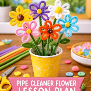 May include: A yellow polka-dot cup holds five flowers crafted from colorful pipe cleaners and buttons. A pink banner at the bottom displays the white text: PIPE CLEANER FLOWER LESSON PLAN. PRINTABLE ART LESSON PLAN • PDF DOWNLOAD.