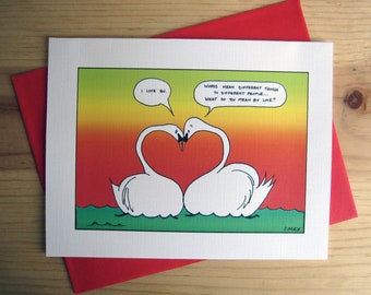 Carte de salutation d’amour : dessin animé de cygne