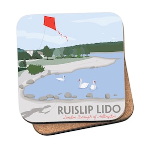May include: A colourful illustration of Ruislip Lido, a lake in London, England. The image features a red kite flying in the sky, two white swans swimming in the water, and the text "Ruislip Lido London Borough of Hillingdon".