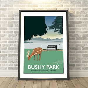 May include: A colourful illustration of a deer in a park setting. The deer is brown and white with spots. The background is a green field with a lake and a bench in the distance. The text "Bushy Park Richmond Upon Thames" is at the bottom of the image.