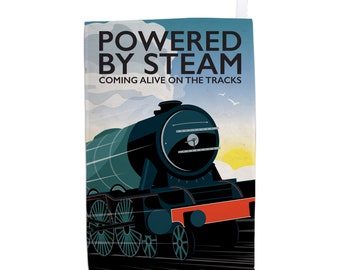 Powered by Steam, Train Railway Tea Towel - by Tabitha Mary - Travel prints, cards and gifts