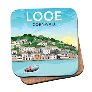 May include: A colorful illustration of the town of Looe, Cornwall, with a small boat in the foreground. The text "Looe Cornwall" is printed on the coaster.