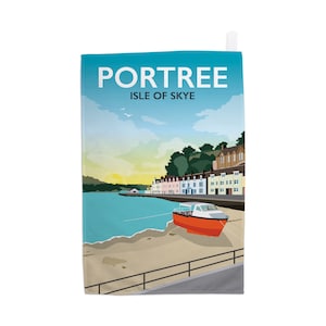 May include: A colorful illustration of Portree, Isle of Skye, Scotland. The image features a seaside town with colorful buildings, a small boat on the beach, and a blue sky with white clouds.