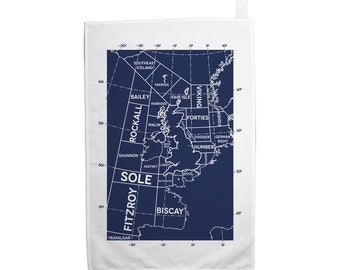 Shipping Forecast Regions Map in dark blue Tea Towel - by Tabitha Mary - Travel prints and gifts