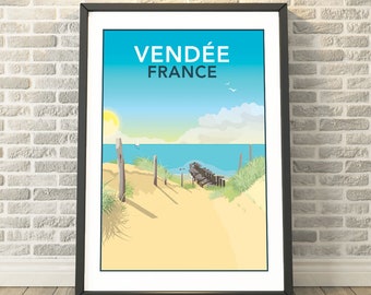 May include: A vintage travel poster with a blue sky, white clouds, and a sandy beach with a wooden walkway leading to the ocean. The poster has the text "VENDÉE FRANCE" in black letters.
