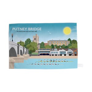 May include: A colorful illustration of Putney Bridge, the home of the boat race since 1836. The image features a bridge, buildings, trees, a sunny sky, and a rowing team in a boat.