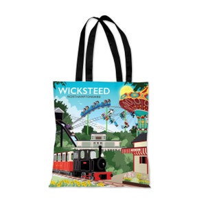 May include: A colorful tote bag with a design featuring a cartoon illustration of a train, roller coaster, and carousel at the Wicksteed Park in Northamptonshire, England.