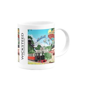 May include: White ceramic mug with a colorful illustration of a train, roller coaster, and carousel at the Wicksteed Park in Northamptonshire, England.