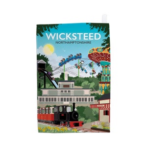 May include: A colorful illustration of a vintage amusement park in Wicksteed, Northamptonshire. The illustration features a roller coaster, a carousel, a train, and a small building with a sign that reads "Ticket Office".