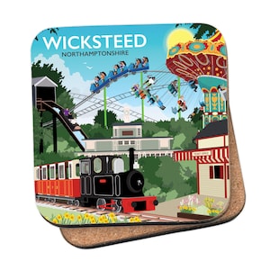 May include: A colorful illustration of a vintage amusement park in Wicksteed, Northamptonshire. The image features a red and yellow carousel, a roller coaster, a train, and a ticket office. The illustration is in a cartoon style and has a whimsical feel.