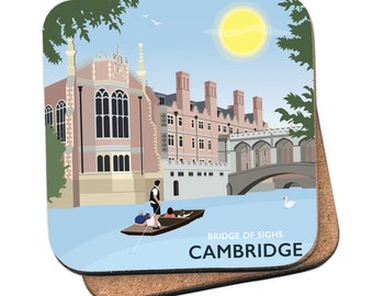 Bridge of Sighs with punt, Cambridge, Cambridgeshire Coaster - by Tabitha Mary - Travel prints, cards and gifts