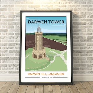 May include: A vintage-style illustration of Darwen Tower, a stone tower on a hilltop, with the text "Darwen Tower" and "Darwen Hill, Lancashire - Completed in 1898".
