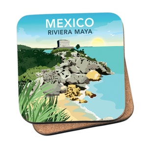 Puede incluir: Una ilustración colorida de una escena de playa en Riviera Maya, México. La imagen presenta una costa rocosa, una playa de arena, agua turquesa y un pequeño edificio en un acantilado. El texto "MEXICO RIVIERA MAYA" está impreso en la imagen.