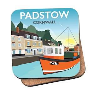May include: A colourful illustration of a fishing boat with the text "PADSTOW CORNWALL" on a blue and white background. The boat is orange and white with the number "PW 301" on the side.