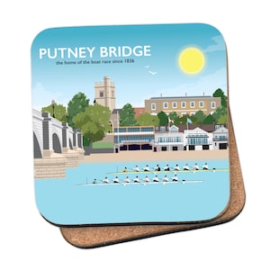 May include: A colorful illustration of Putney Bridge, the home of the boat race since 1836. The image features a bridge, buildings, trees, and rowers in boats on the water. The sun is shining in a blue sky.
