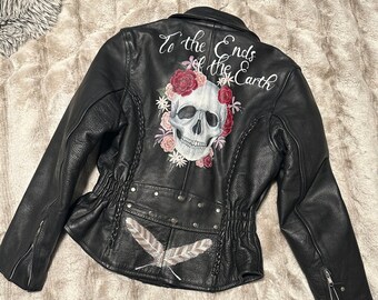 Vintage Handpainted Skull and Floral Leather Motorcycle Jacket XS S Lord Huron Lyrics