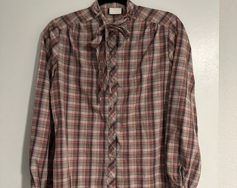 Vintage 1970s Tie Neck Button Down Brown Plaid Shirt Blouse S-M