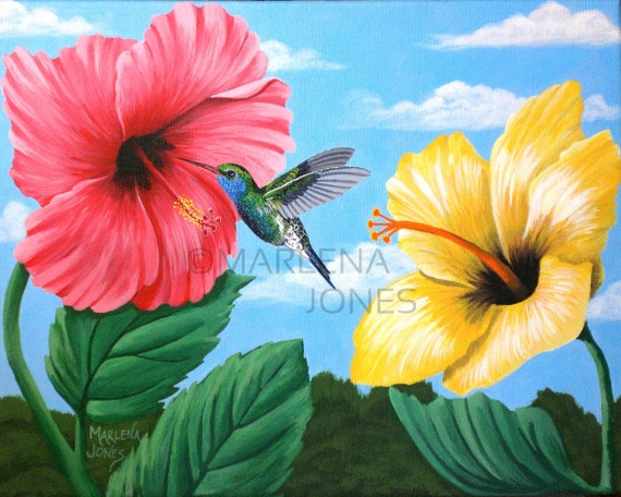 11x14 Hummingbird With Pink And Yellow Hibiscus Etsy