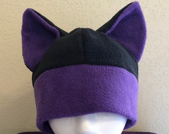 Purple and Black Fleece Ear Beanie