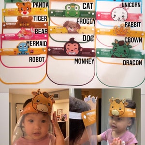 May include: A set of ten colorful face shields with different cartoon animal designs. The shields are made of clear plastic and have a soft, comfortable headband. The designs include a panda, tiger, bear, mermaid, robot, cat, frog, dog, rabbit, and crown.