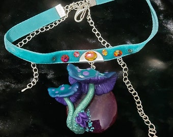 Purple polymer clay mushroom necklace