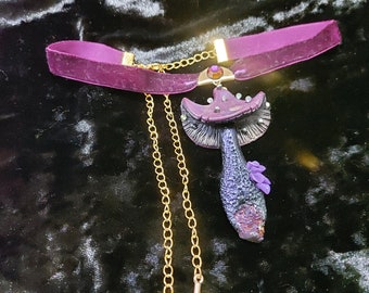 Purple velvet mushroom choker necklace