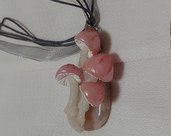 SALE Pink polymer clay mushroom pendant