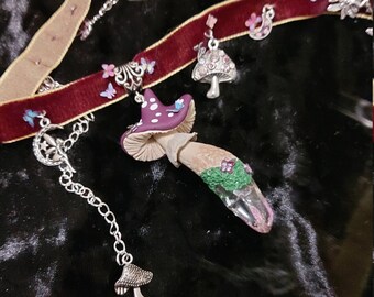 Purple polymer clay fairy mushroom charm necklace choker