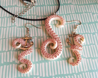 SALE Pearlescent white and dusky pink tentacle necklace and earrings