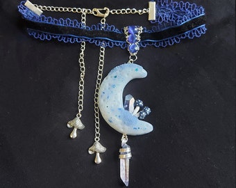 Blue quartz mystic moon choker necklace