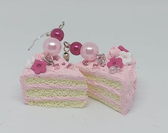 Hand made polymer clay cake slice earrings pink with flowers