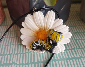 SALE Caterpillar and daisy flower necklace
