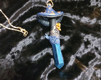 Gold and blue fantasy fairy mushroom necklace