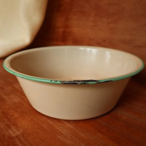 Vintage Beige Enamel Bowl with Green Stripe