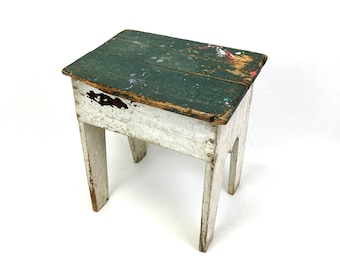 Primitive Painted Wooden Stool, Vintage Work Stool, Rustic Low Side Table
