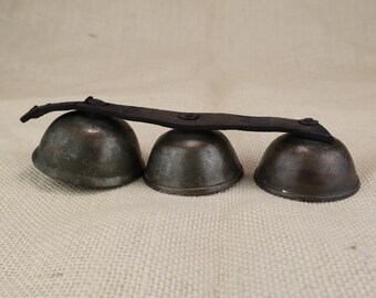 Vintage Store Door Bell Chimes - Three Vintage Brass Bells on Leather Strap