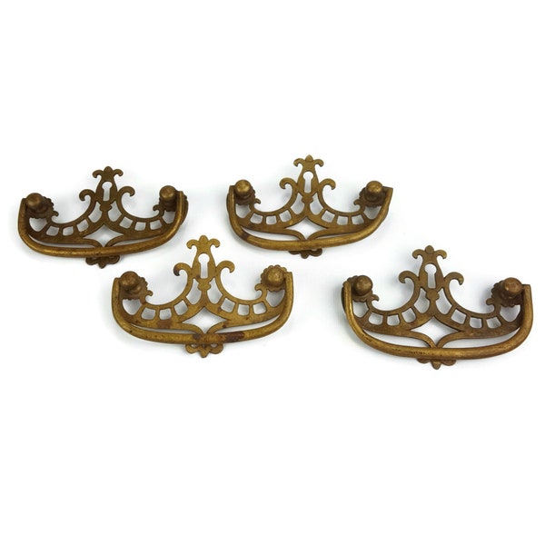 Set of Four Vintage Brass Drop Handle Drawer Pulls with Key Hole