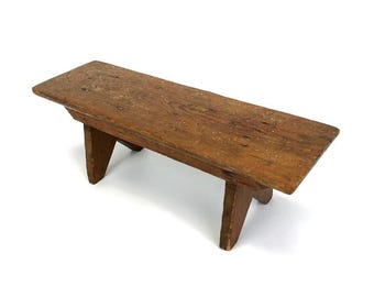 Antique Primitive Wooden Footstool 19th Century Rustic Farmhouse Low Bench
