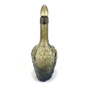 Vintage Green Glass Decanter with Grapes Motif