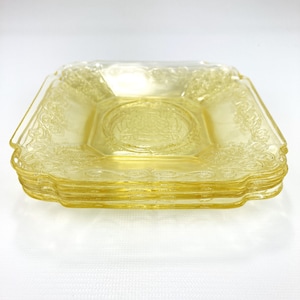 Antique Yellow Depression Glass Saucers - Set of Four - Square Etched Glass