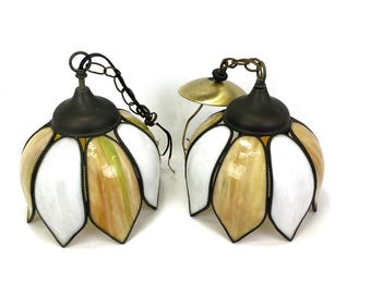Vintage Slag Glass Pendant Lights Pair Floral Petal Hanging Fixtures