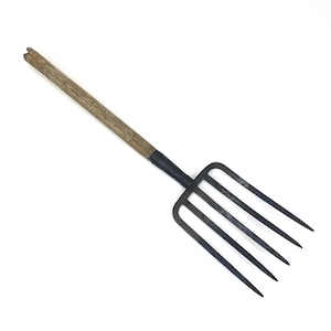 May include: A garden pitchfork with a wooden handle and a black metal head. The handle is a light brown color, and the metal head has four tines. The pitchfork is designed for turning soil and moving hay.