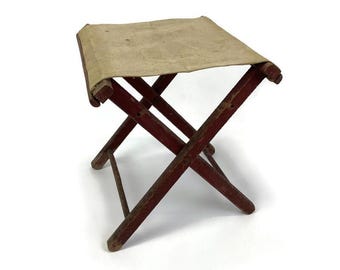 Vintage Folding Camp Stool, Removable Canvas Seat, Distressed Red Wood, Rustic Décor