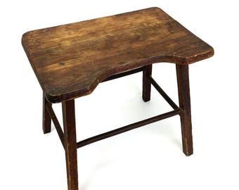 Antique Primitive Oak Craftsman Stool Scooped Seat Rustic Workshop Bench