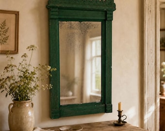 Antique Green Painted Cottage Wall Mirror with Carved Pine Frame
