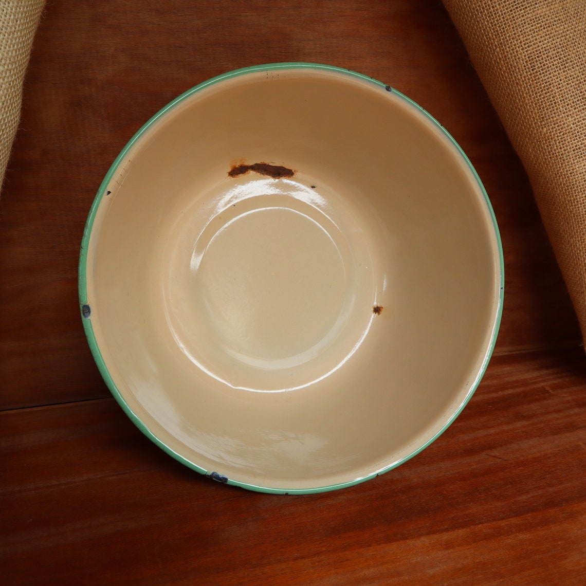 Vintage Tan Enamel Mixing Bowl With Green Stripe Etsy