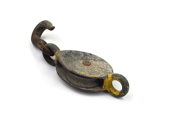 Vintage Metal Pulley with Hook - Industrial Decor