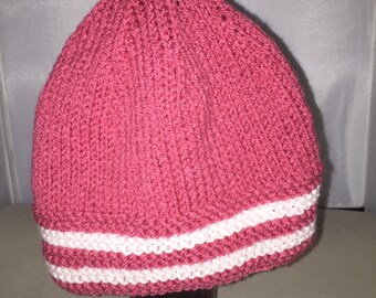 Small Adult Pink and White Knit Beanie - Ready to Ship